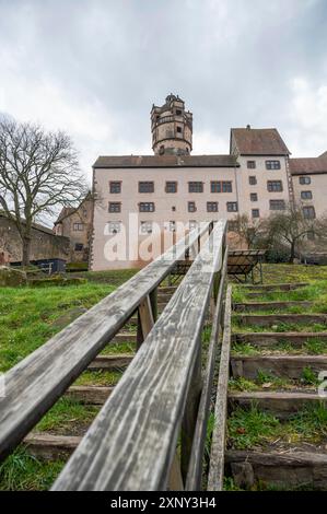 Château de Ronneburg avec escaliers en bois et garde-corps devant pendant la journée nuageux, Allemagne, prise verticale Banque D'Images