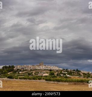 Vue sur la ligne d'horizon de Locortondo à Puglia depuis an champ d'olivier Banque D'Images