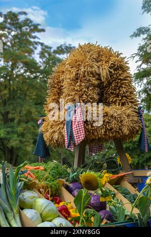 Couronne de récolte liée à partir de différentes céréales pour Thanksgiving, mis en place sur divers légumes fraîchement récoltés contre des arbres verts et un ciel bleu Banque D'Images