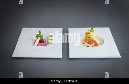 Deux plats d'un menu gastronomique moderne, asperges à la feuille de nori avec sauce aux betteraves, plat de poisson au risotto au safran avec crevettes et sauce crustacés Banque D'Images