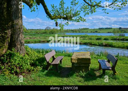 Ober- Moosersee entouré de champs verdoyants et d'arbres et une table en pierre avec des bancs sous un ciel bleu partiellement nuageux, au printemps, Freiensteinau Banque D'Images