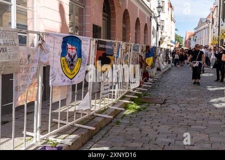 Tallinn, Estonie - 19 juillet 2023 : une manifestation devant l'ambassade de Russie en Estonie affiche des affiches contre la guerre entre la Russie et l'Ukraine. Solidarité avec l'Ukraine et résistance contre les crimes de guerre et la violence *** Eine manifestation vor der russischen Botschaft in Estland zeigt Plakate gegen den Krieg zwischen Russland und der Ukraine. Solidarität mit der Ukraine und Widerstand gegen Kriegsverbrechen und Gewalt Banque D'Images