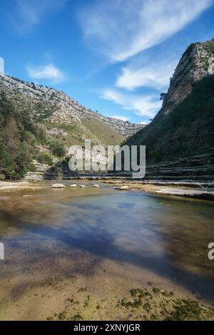 Magnifique canyon avec piscines fluviales à la réserve naturelle orientée Cavagrande del Cassibile, Syracuse, Sicile, Italie Banque D'Images