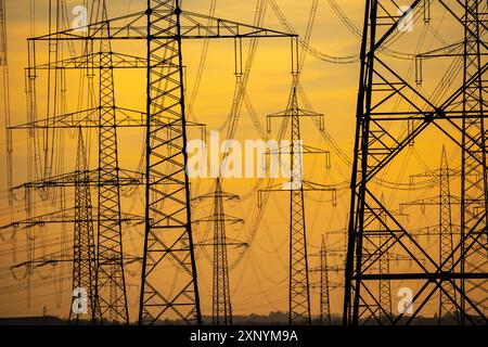 Lignes à très haute tension, 380 KV, ligne électrique, l'électricité provient de la zone minière rhénane de lignite, à la centrale de Neurath, à proximité Banque D'Images