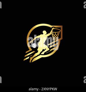 Modèle de logo de sport de basket-ball. Silhouette de joueur de basket-ball dorée avec balle. Illustration de Vecteur