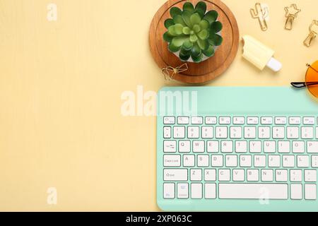 Clavier d'ordinateur moderne avec plante d'intérieur, clips et lecteur flash sur fond jaune Banque D'Images