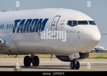 Otopeni, Roumanie. 2 août 2024 : un avion Tarom Airline transportant le nageur médaillé d'or olympique roumain David Popovici revient des Jeux Olympiques de Paris 2024 à l'aéroport international Henri Coanda de Bucarest, à Otopeni, en Roumanie. Crédit : Lucian Alecu/Alamy Live News Banque D'Images