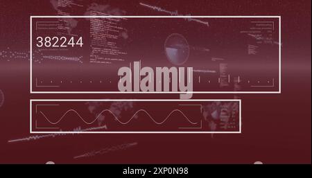 Visualisation et analyse des données sur fond rouge avec des éléments numériques et graphiques Banque D'Images