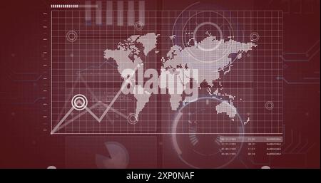 Carte du monde avec points de données et graphiques, image de traitement des données financières Banque D'Images