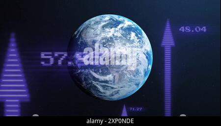 Image du traitement des données numériques et des flèches sur le globe sur fond sombre Banque D'Images