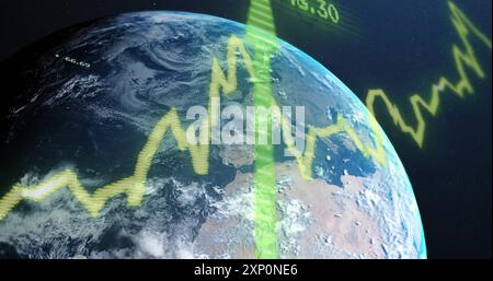 Image du traitement des données numériques et des flèches sur le globe sur fond sombre Banque D'Images