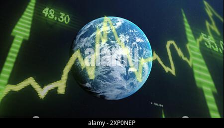 Image du traitement des données numériques et des flèches sur le globe sur fond sombre Banque D'Images