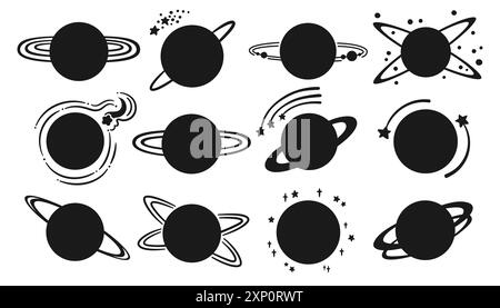 Ensemble de silhouette de dessin animé Planets fantasy. Les galaxies abstraites forment des planètes. Fantastic cosmos, collection Celestial Space contour sphères ombre planètes réduites Illustration isolée de conception de bande dessinée vectorielle Illustration de Vecteur