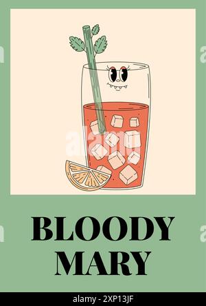 Personnage groovy Bloody Mary. Affiche d'été rétro avec cocktail alcoolisé populaire. Illustration vectorielle vintage dans les années 70, style des années 80 Illustration de Vecteur