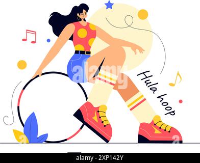 Illustration vectorielle Hula Hoop avec des personnes exerçant et jouant Hula Hoops, engagées dans des activités d'entraînement de fitness dans un fond de dessin animé de style plat Illustration de Vecteur