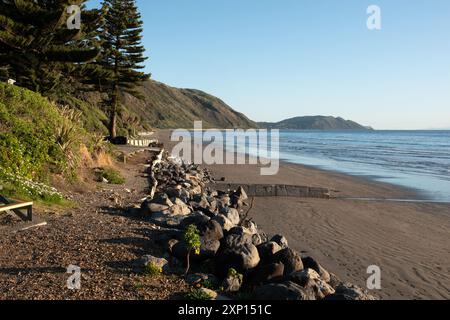 L'homme a construit une digue pour protéger les maisons de l'érosion côtière à Paekakariki, Kapiti, Nouvelle-Zélande Banque D'Images