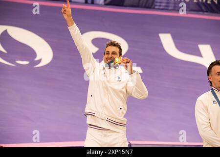 Joris Daudet (FRA) Médaille d'Or, cyclisme BMX Racing, hommes lors des Jeux Olympiques de Paris 2024 le 2 août 2024 au stade BMX de Saint-Quentin-en-Yvelines, France Banque D'Images