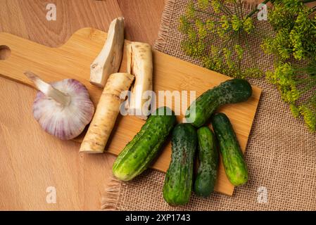 Préparation pour la fermentation des concombres par un procédé de marinage appelé fermentation lactique. De tels concombres fermentés ont une longue durée de conservation et le sont Banque D'Images