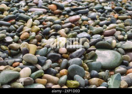 Galets de couleur sur la plage. Fond de pierres mouillées. Banque D'Images