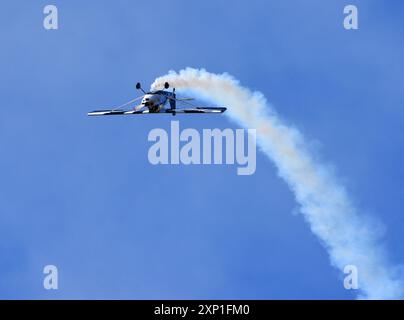 Champion américain 8KCAB Decathlon cascades d'avion volant avec de la fumée. Banque D'Images