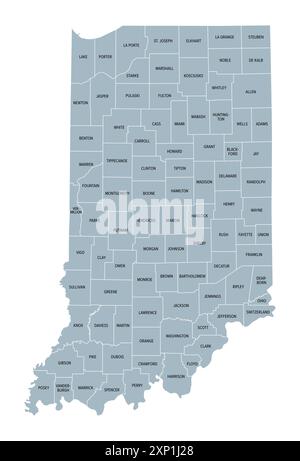 Comtés de l'Indiana, carte politique grise. État dans la région du Midwest des États-Unis, subdivisé en 92 comtés. Surnommé l'État Hoosier. Banque D'Images