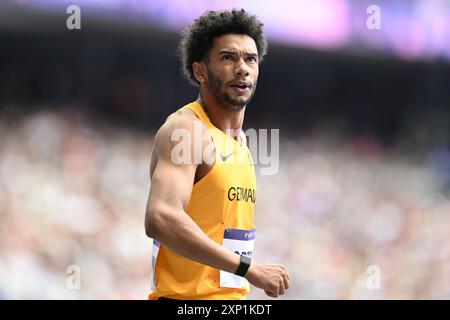 Saint Denis, France. 03 août 2024. Jeux olympiques, Paris 2024, Athlétisme, stade de France, préliminaires, 100 m, hommes, préliminaires, Joshua Hartmann d'Allemagne réagit. Crédit : Sven Hoppe/dpa/Alamy Live News Banque D'Images