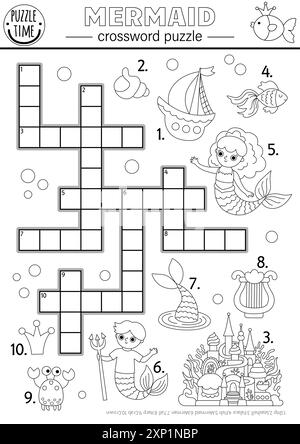 Puzzle de mots croisés noir et blanc sirène vectoriel pour les enfants. Quiz marin ou coloriage avec merman, bateau, palais, poisson, crabe. Educa de ligne de Royaume océanique Illustration de Vecteur