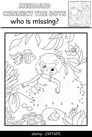 Vecteur sirène noir et blanc point à point activité avec princesse de mer, tortue, scène sous-marine. Ocean Kingdom connecter le jeu de points, coloriage. Ma Illustration de Vecteur