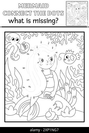 Sirène vectorielle noir et blanc point à point activité avec princesse de mer, scène sous-marine. Ocean Kingdom connecter le jeu de points, coloriage. Marine WHA Illustration de Vecteur