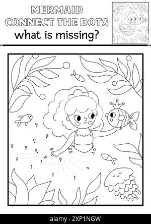 Sirène vectorielle noir et blanc point à point activité avec princesse de mer, scène sous-marine. Ocean Kingdom connecter le jeu de points, coloriage. Marine WHA Illustration de Vecteur
