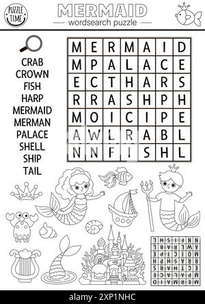 Puzzle de recherche de mots noir et blanc sirène vectorielle pour les enfants. Mot marin ou quiz de recherche sous-marine. Activité de ligne éducative de Royaume océanique avec merman, Illustration de Vecteur