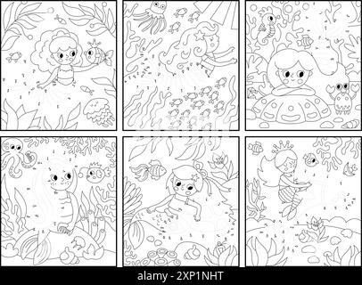 Ensemble d'activité point à point noir et blanc sirène vectorielle avec princesse de mer, scène sous-marine. Ocean Kingdom connecter la collection de jeux Dots pour les enfants. Illustration de Vecteur
