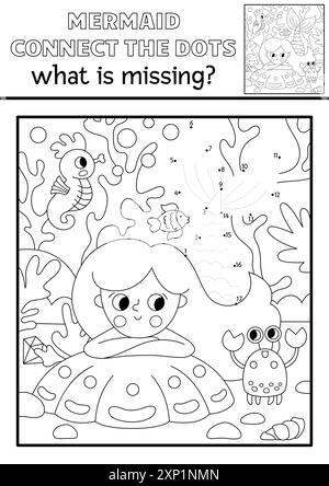 Sirène vectorielle noir et blanc point à point activité avec princesse de mer, scène sous-marine. Ocean Kingdom connecter le jeu de points, coloriage. Marine WHA Illustration de Vecteur