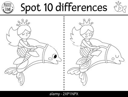 Trouver le jeu des différences pour les enfants. Sirène noir et blanc activité éducative avec princesse de mer chevauchant le dauphin. Puzzle pour les enfants avec fille avec queue Illustration de Vecteur