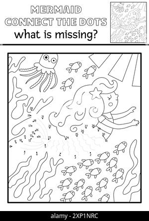 Sirène vectorielle noir et blanc point à point activité avec princesse de mer, scène sous-marine. Ocean Kingdom connecter le jeu de points, coloriage. Marine WHA Illustration de Vecteur