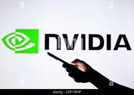 Paraguay. 03 août 2024. Dans cette illustration photo, le logo de Nvidia Corporation vu en arrière-plan avec une main silhouette tenant un smartphone. (Photo de Jaque Silva/SOPA images/SIPA USA) *** strictement à des fins éditoriales *** crédit : SIPA USA/Alamy Live News Banque D'Images