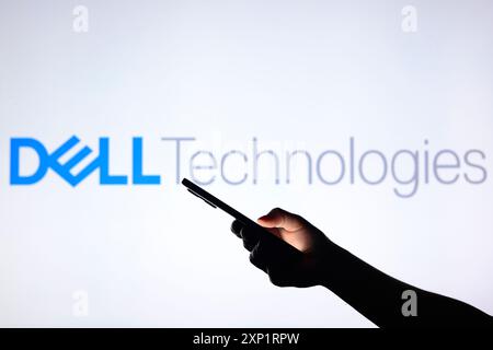 Paraguay. 03 août 2024. Dans cette illustration photo, le logo Dell technologies apparaît en arrière-plan avec une main silhouette tenant un smartphone. (Photo de Jaque Silva/SOPA images/SIPA USA) *** strictement à des fins éditoriales *** crédit : SIPA USA/Alamy Live News Banque D'Images