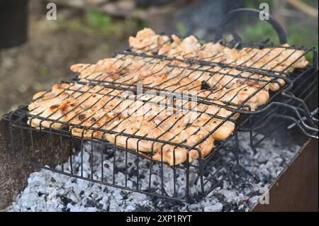 le poulet est cuit sur le gril Banque D'Images