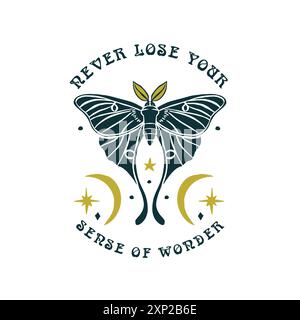 Luna Moth illustration dessinée à la main avec citation inspirante ne perdez jamais votre sens de l'émerveillement Illustration de Vecteur