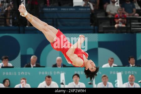 Paris, France. 03 août 2024. Boheng Zhang, de la République populaire de Chine, participe à la finale des exercices de gymnastique au sol masculin aux Jeux Olympiques de Paris 2024 à Paris, France, le samedi 3 août 2024. Photo de Pat Benic/UPI crédit : UPI/Alamy Live News Banque D'Images