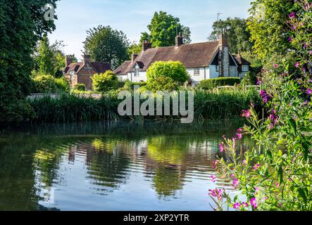Reflets dans l'étang du village à Buriton avec des fleurs roses vives au premier plan. Banque D'Images