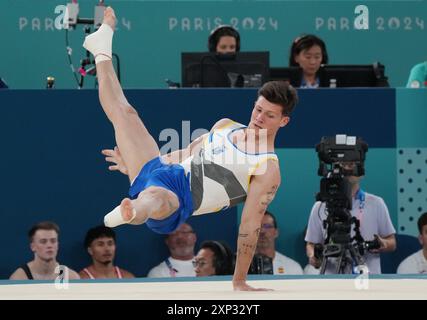 Paris, France. 03 août 2024. Illia Kovtun, de l'Ukraine, se produit dans la finale de l'exercice de gymnastique au sol masculin aux Jeux Olympiques de Paris 2024 à Paris, France, le samedi 3 août 2024. Photo de Pat Benic/UPI crédit : UPI/Alamy Live News Banque D'Images