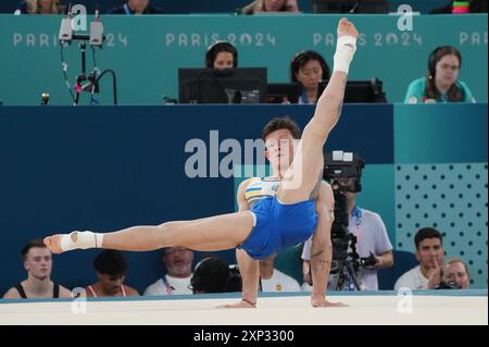 Paris, France. 03 août 2024. Illia Kovtun, de l'Ukraine, se produit dans la finale de l'exercice de gymnastique au sol masculin aux Jeux Olympiques de Paris 2024 à Paris, France, le samedi 3 août 2024. Photo de Pat Benic/UPI crédit : UPI/Alamy Live News Banque D'Images