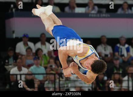 Paris, France. 03 août 2024. Illia Kovtun, de l'Ukraine, se produit dans la finale de l'exercice de gymnastique au sol masculin aux Jeux Olympiques de Paris 2024 à Paris, France, le samedi 3 août 2024. Photo de Pat Benic/UPI crédit : UPI/Alamy Live News Banque D'Images