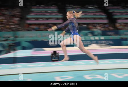 Paris, France. 03 août 2024. Carey Jade, américaine, se produit dans la finale de caveau de gymnastique féminine aux Jeux Olympiques de Paris 2024 à Paris, France, le samedi 3 août 2024. Photo de Pat Benic/UPI crédit : UPI/Alamy Live News Banque D'Images