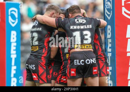 Hull, Royaume-Uni. 03 août 2024. Jake Burns de constitué Helens célèbre son essai lors du match Betfred Super League Round 20 Hull FC vs St Helens au MKM Stadium, Hull, Royaume-Uni, le 3 août 2024 (photo par Alfie Cosgrove/News images) à Hull, Royaume-Uni le 8/3/2024. (Photo par Alfie Cosgrove/News images/SIPA USA) crédit : SIPA USA/Alamy Live News Banque D'Images