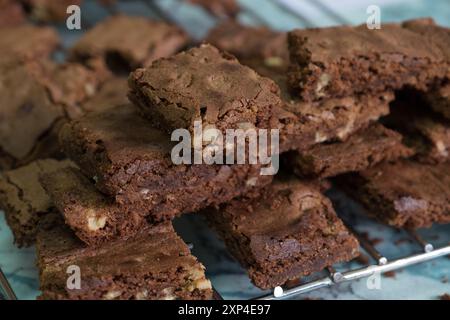 Brownies au chocolat fraîchement cuits avec des noix refroidissant sur une grille métallique Banque D'Images