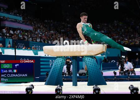 PARIS, FRANCE. 3 août 2024. Rhys McClenaghan de Team Ireland participe à la finale des chevaux de pommeau le huitième jour des Jeux Olympiques de Paris 2024 à Bercy Arena, Paris, France. Crédit : Craig Mercer/Alamy Live News Banque D'Images