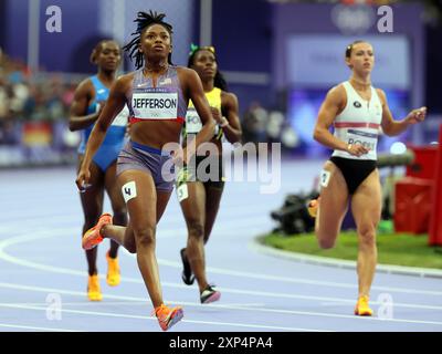 Paris, France. 03 août 2024. États-Unis Melissa Jefferson photographiée en action lors de la demi-finale du 100m féminin de la compétition d'athlétisme aux Jeux Olympiques de Paris 2024, le samedi 03 août 2024 à Paris, France. Les Jeux de la XXXIIIe Olympiade se déroulent à Paris du 26 juillet au 11 août. La délégation belge compte 165 athlètes en compétition dans 21 sports. BELGA PHOTO BENOIT DOPPAGNE crédit : Belga News Agency/Alamy Live News Banque D'Images