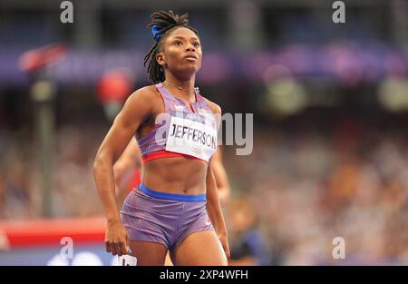 03 août 2024 : Melissa Jefferson (États-Unis) participe à la demi-finale du 100 m féminin le jour 8 des Jeux Olympiques au stade de France, Paris, France. Ulrik Pedersen/CSM. (Crédit image : © Ulrik Pedersen/Cal Sport Media) Banque D'Images